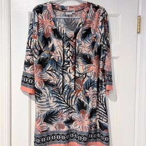 Beach Break Tropical Floral Tunic Top Lace Up Boho Size Large